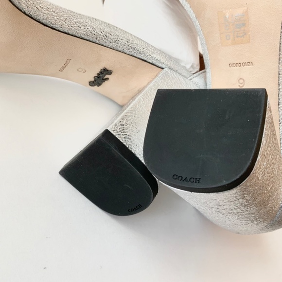 COACH Maya Signature C-Buckle Metallic Silver Leather Sandals Block Heel Pumps 6 - Picture 11 of 12